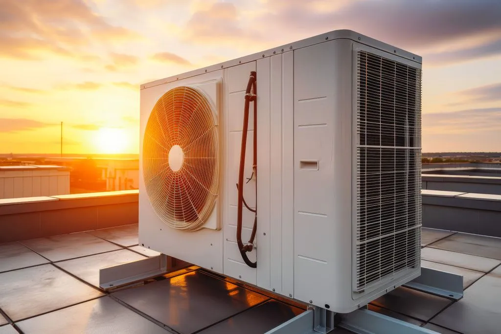 Wärmepumpe auf dem Flachdach bei Sonnenuntergang.