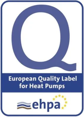EHPA Gütesiegel für Wärmepumpen mit großem Buchstaben Q, dem Text ‚European Quality Label for Heat Pumps‘ und EHPA-Logo mit Sternenkranz.
