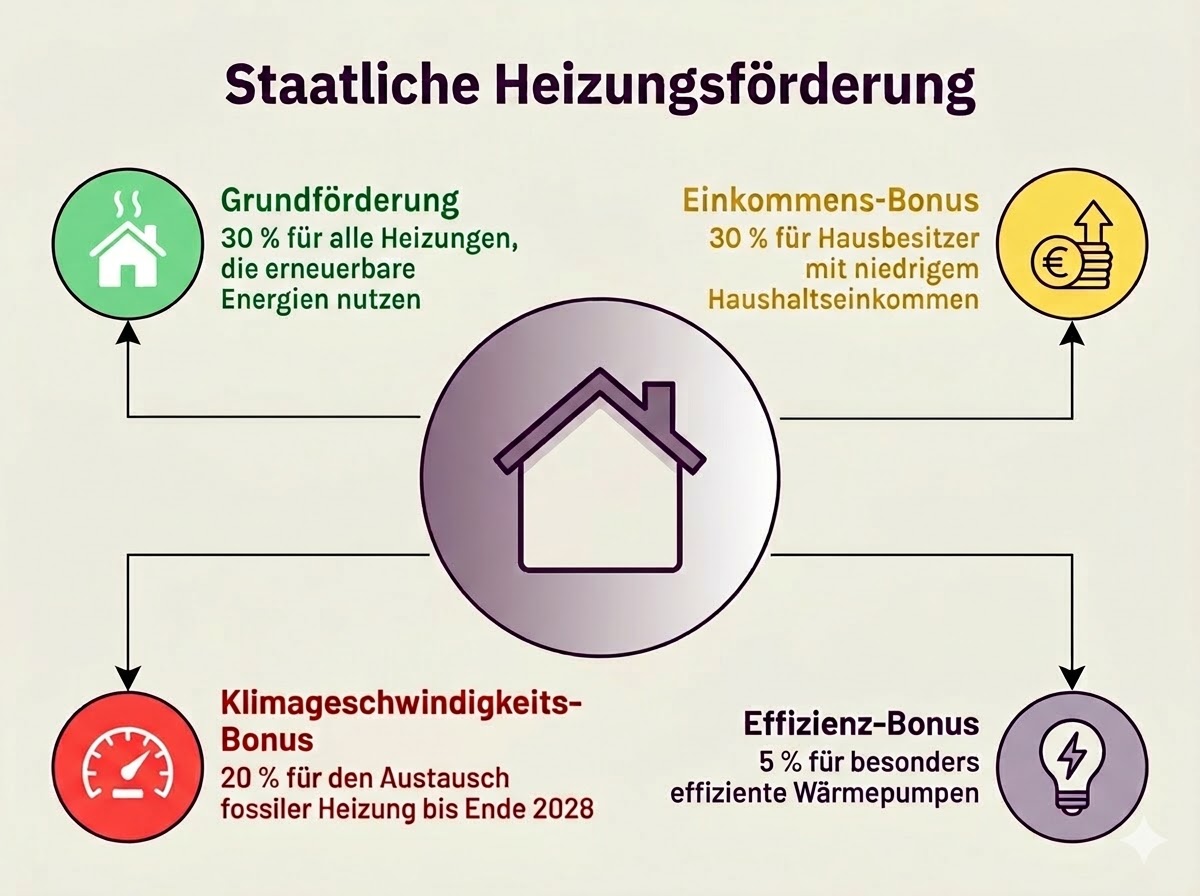 Übersicht der staatlichen Heizungsförderung: Grundförderung 30 % für Heizungen mit erneuerbaren Energien, Einkommens-Bonus 30 % für Hausbesitzer mit niedrigem Einkommen, Klimageschwindigkeits-Bonus 20 % für Austausch fossiler Heizung bis Ende 2028, Effizienz-Bonus 5 % für effiziente Wärmepumpen.