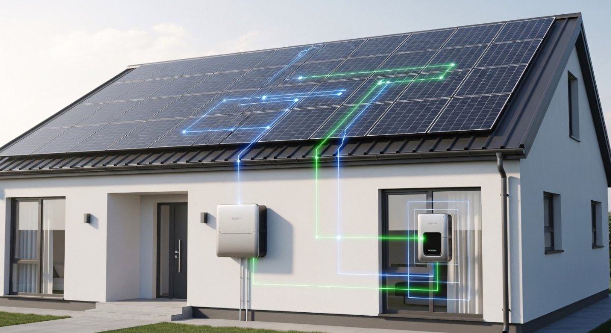 Modernes Haus mit Solarpanelen auf dem Dach und einem Batteriespeicher an der Außenwand, verbunden durch digitale grüne und blaue Leitungen.