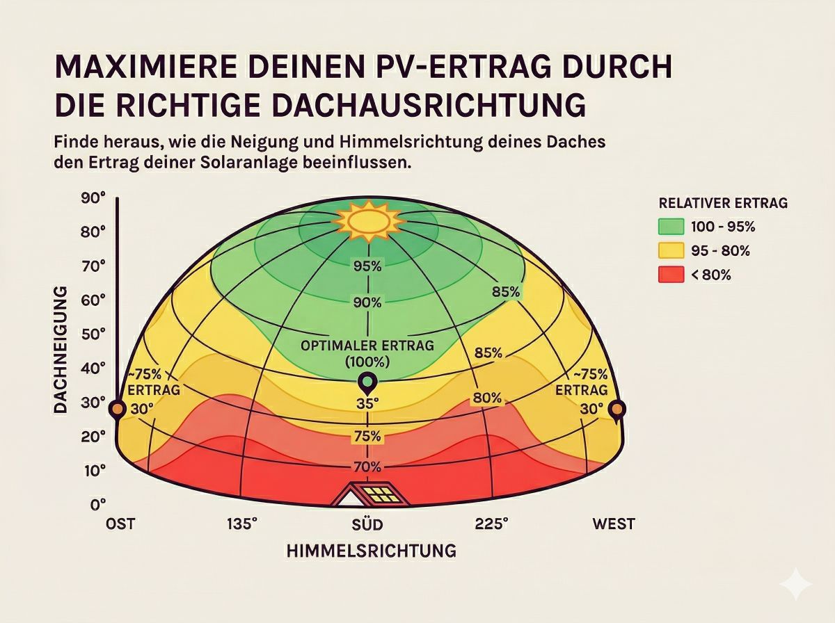 Diagramm zur Maximierung des PV-Ertrags durch optimale Dachausrichtung, zeigt beste Neigung bei 35 Grad Südausrichtung mit 100% Ertrag, farblich dargestellt von grün (100-95%) bis rot (<80%).