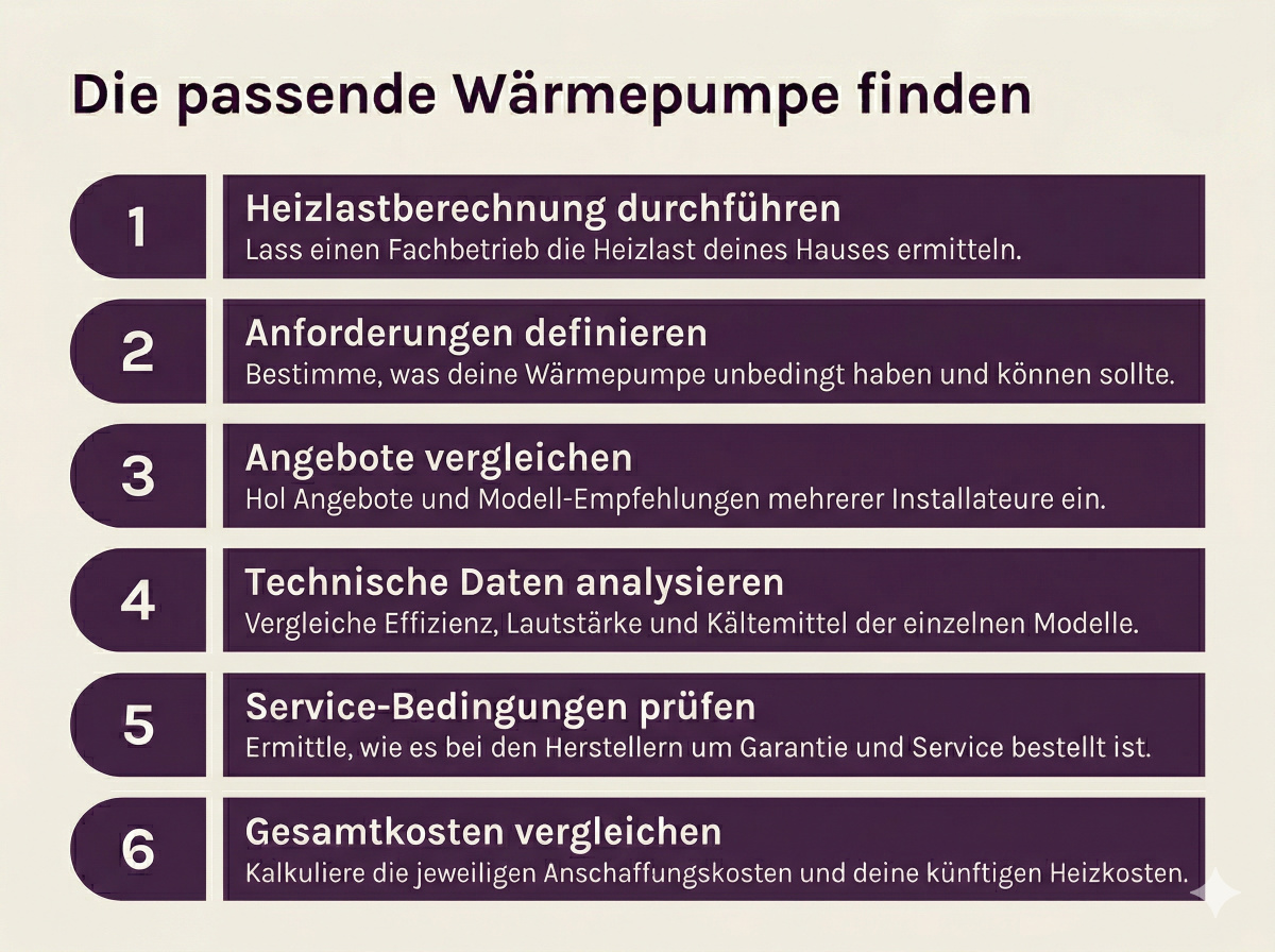 Sechs Schritte zur Auswahl der richtigen Wärmepumpe: Heizlastberechnung durchführen, Anforderungen definieren, Angebote vergleichen, technische Daten analysieren, Service-Bedingungen prüfen, Gesamtkosten vergleichen.