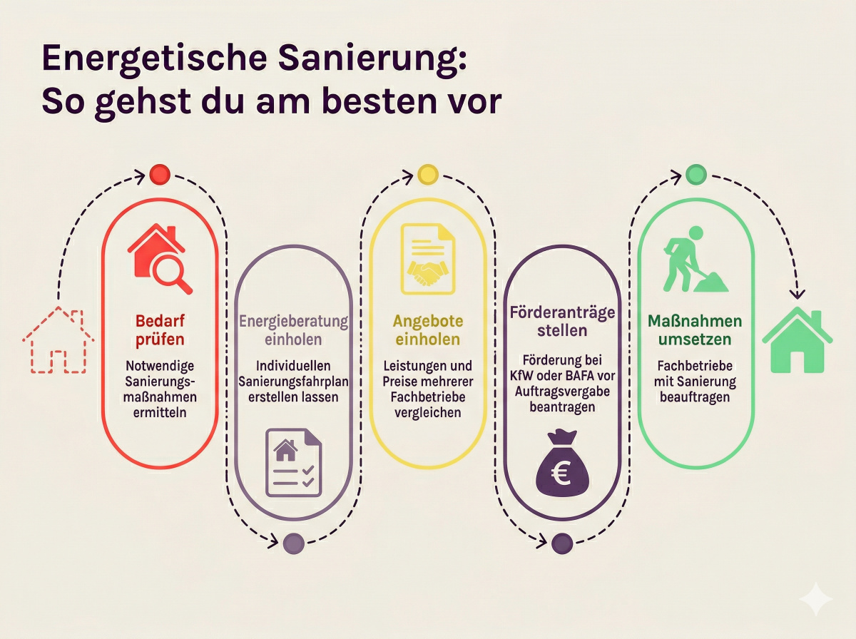 Infografik zum Vorgehen bei energetischer Sanierung mit fünf Schritten: Bedarf prüfen, Energieberatung einholen, Angebote einholen, Förderanträge stellen, Maßnahmen umsetzen.