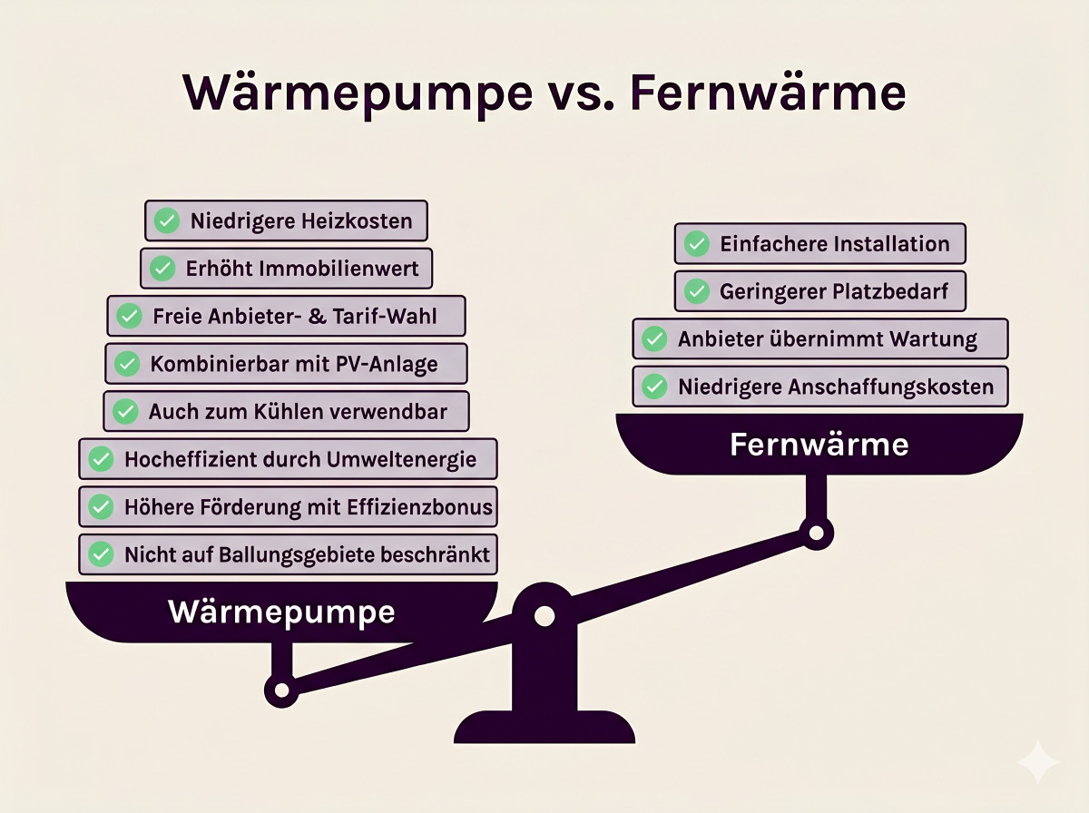 Waage zeigt Vorteile der Wärmepumpe mit mehr Punkten gegenüber Fernwärme.