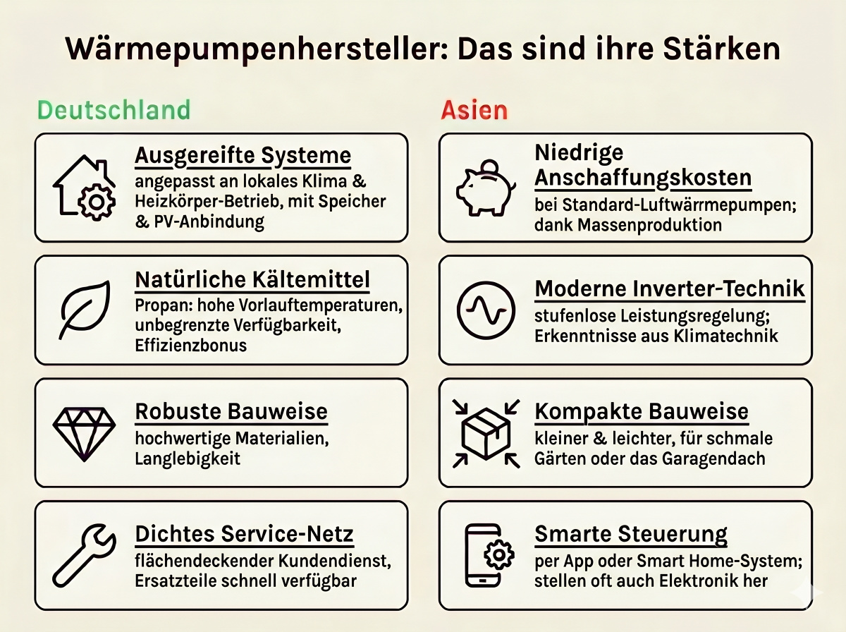 Vergleich der Stärken von Wärmepumpenherstellern in Deutschland und Asien in sechs Kategorien.