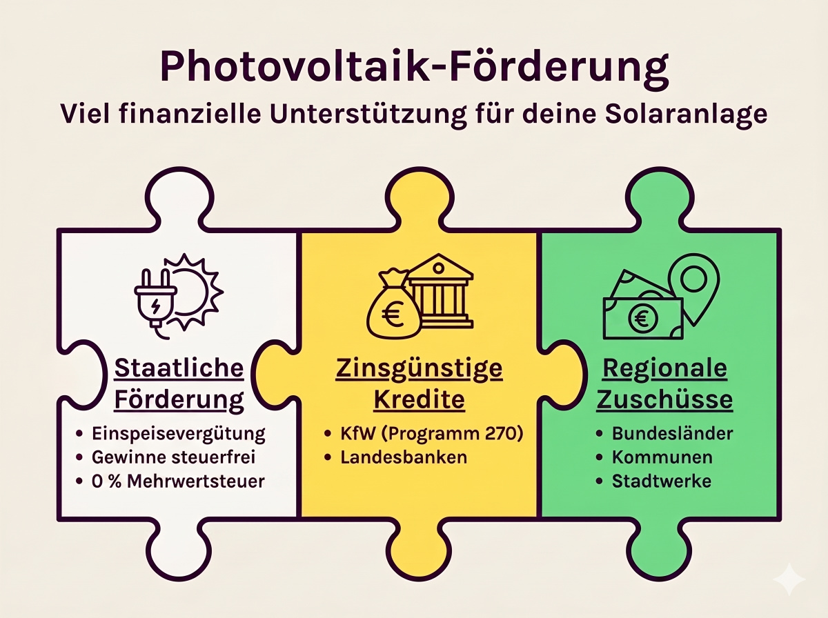 Puzzle über Photovoltaik-Förderung mit staatlicher Förderung, zinsgünstigen Krediten und regionalen Zuschüssen.