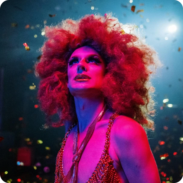 A drag artist looking up towards the sky