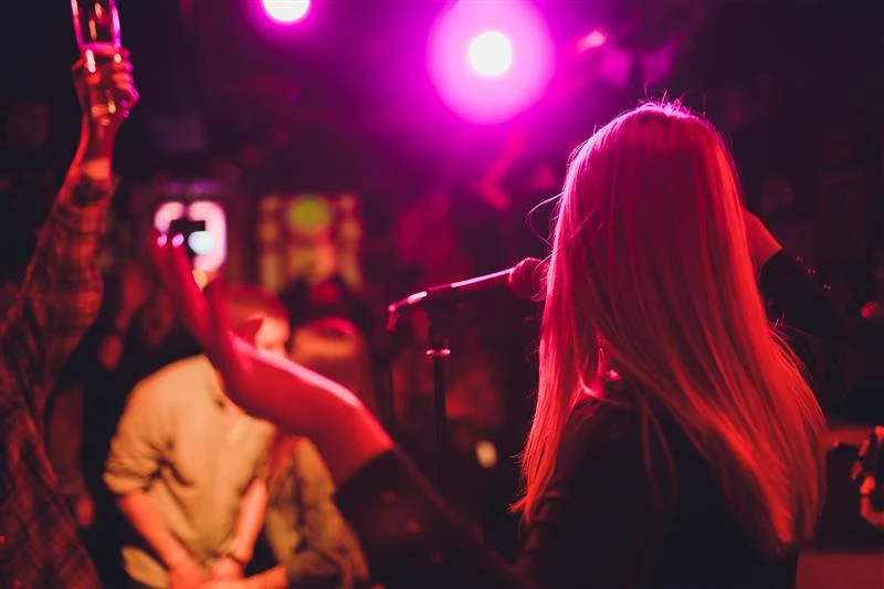Female artist singing into a microphone to a crowd, shot from behind