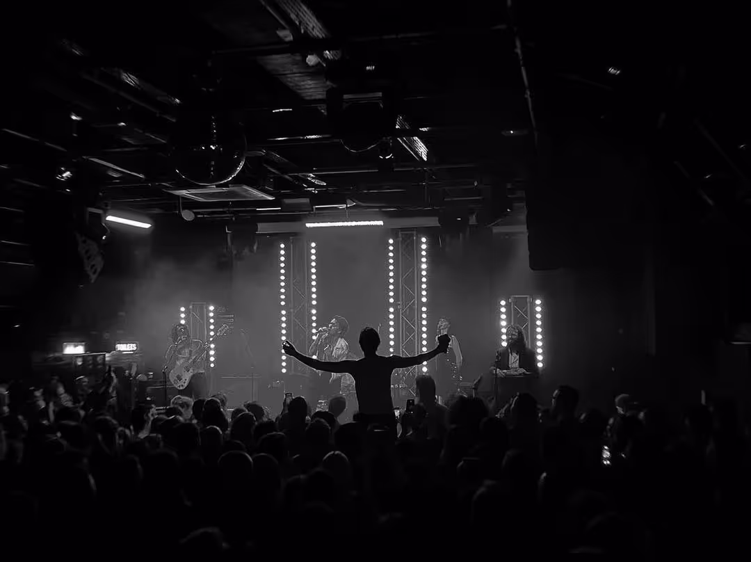A vibrant crowd enjoying a concert illuminated by striking purple lights, creating an energetic atmosphere