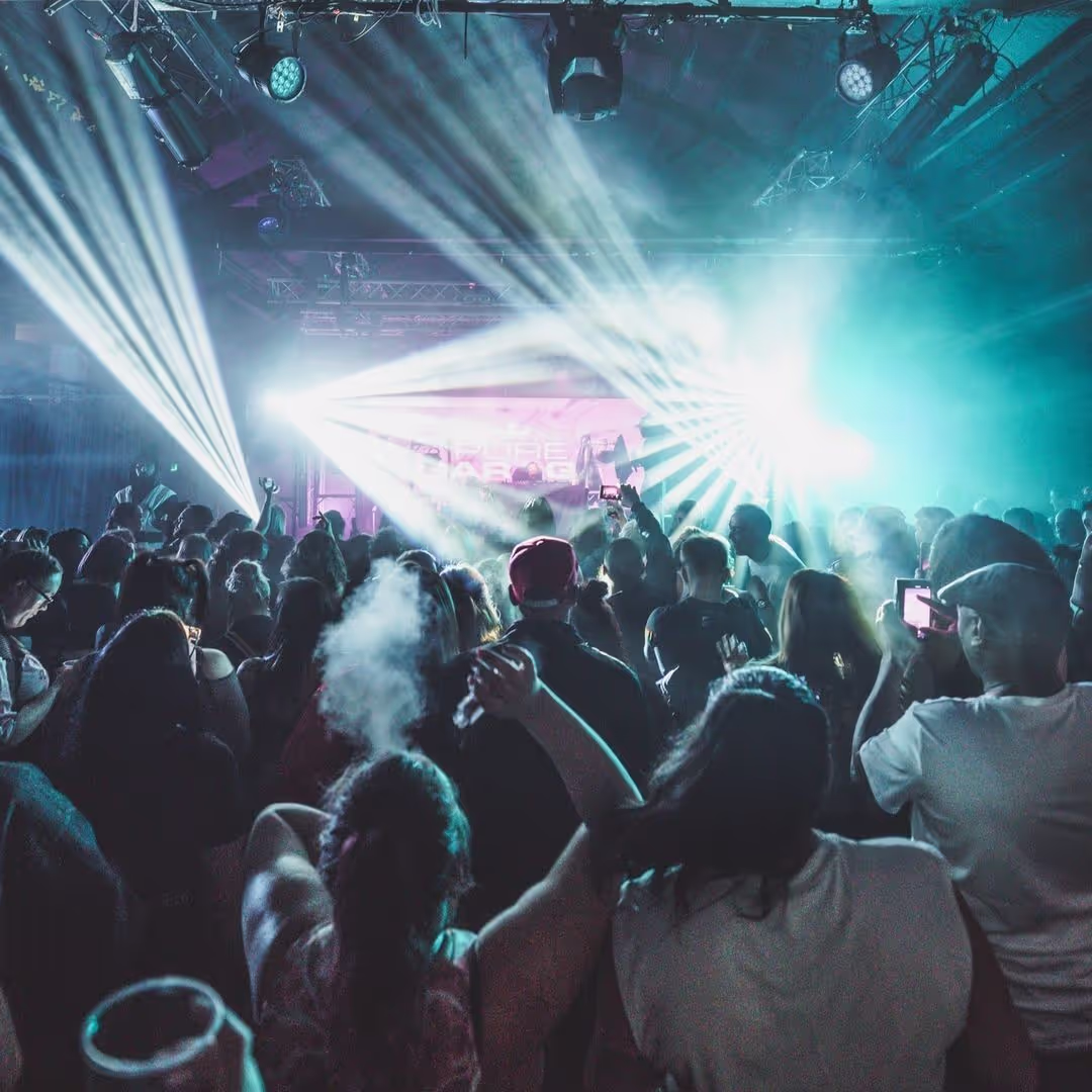 A crowd of people under a spotlight enjoy a musical event in a concert hall