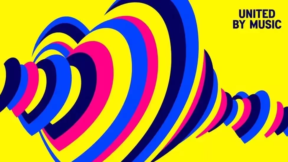 Multi coloured heart on a yellow background with the words United By Music next to it 