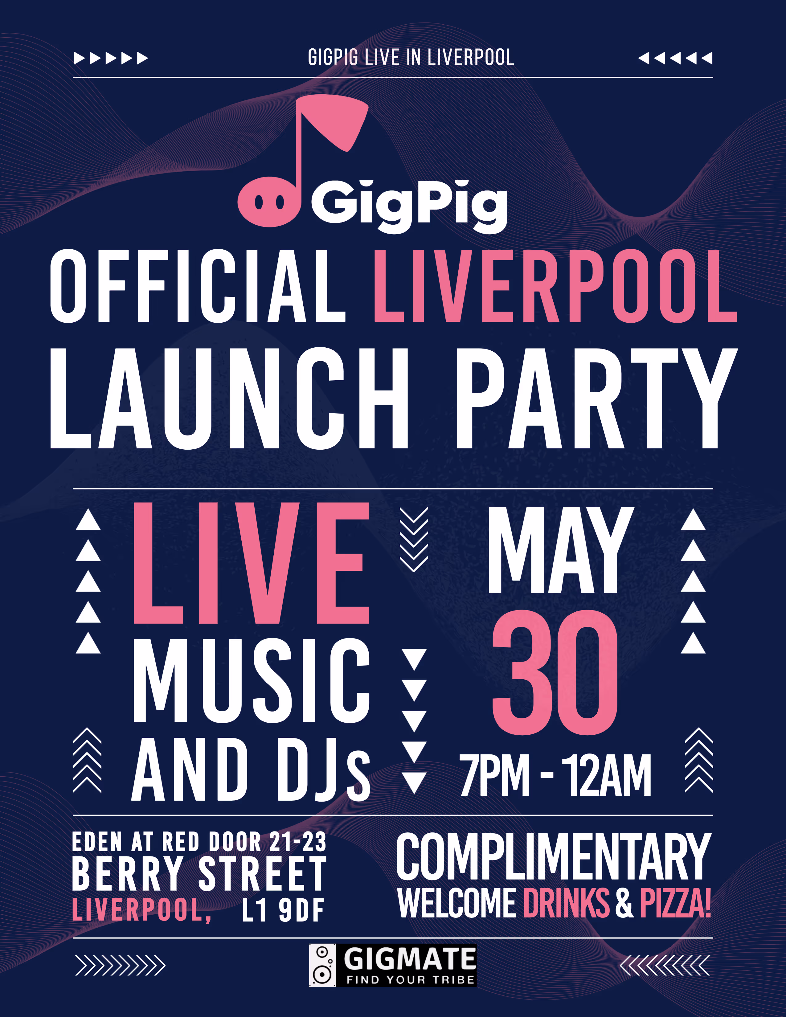 Announcement for the official Liverpool launch party, featuring vibrant decorations and an excited crowd.