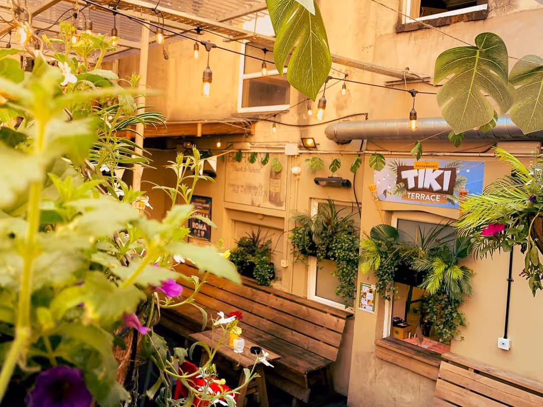 An outdoor Tiki terrace bar, decorated with exotic plants and hanging lights