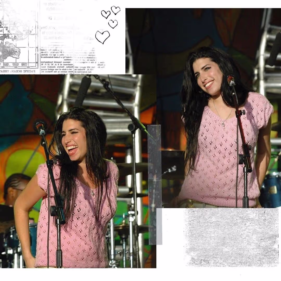 Scrapbook with two images of a smiling Amy Winehouse at a concert with a microphone