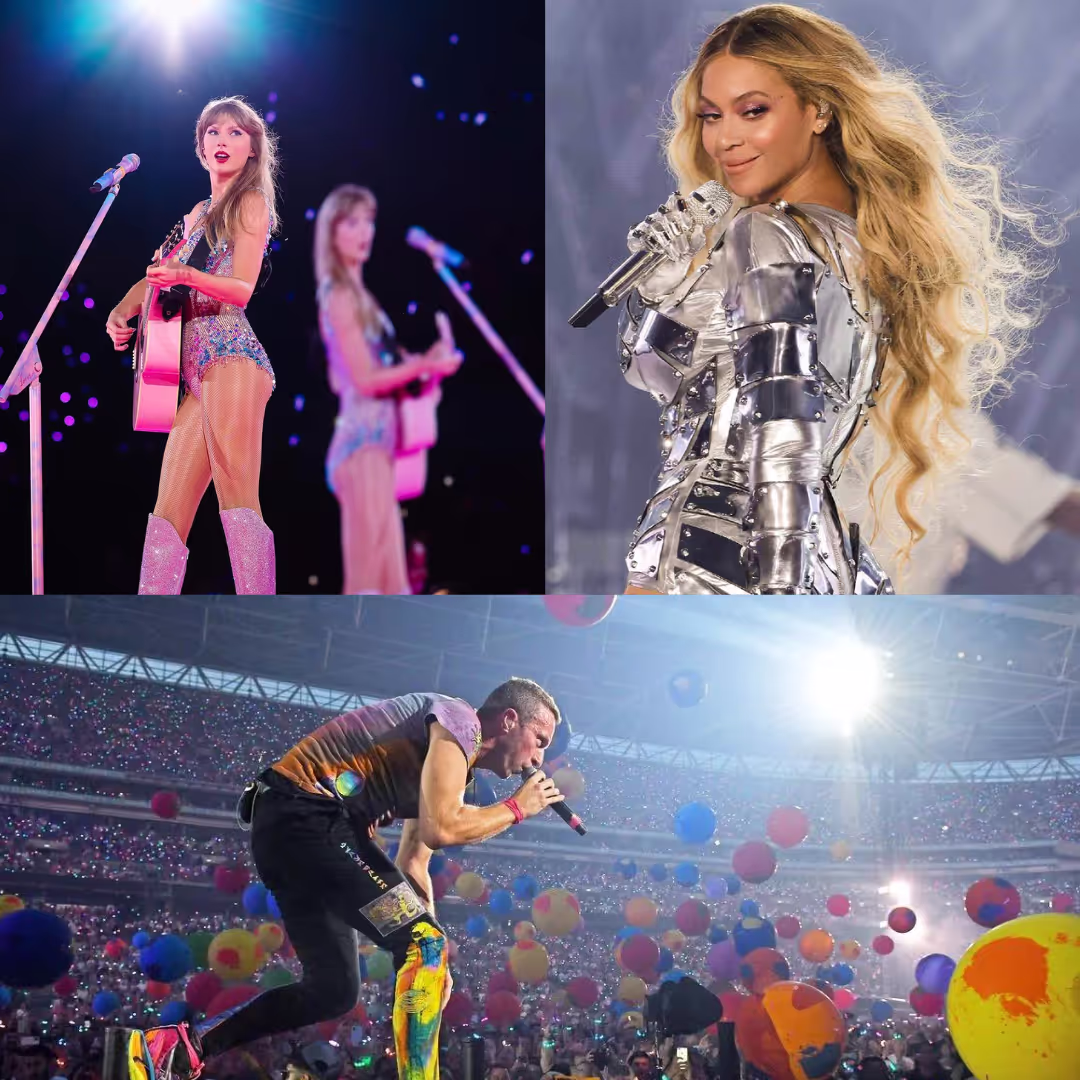 A collage of three artists in one image: Taylor Swift, Beyonce and Coldplay