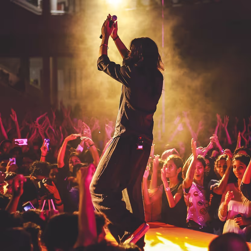 A black and white shot of a large crowd enjoying live music at a concert with their hands raised in excitement 
