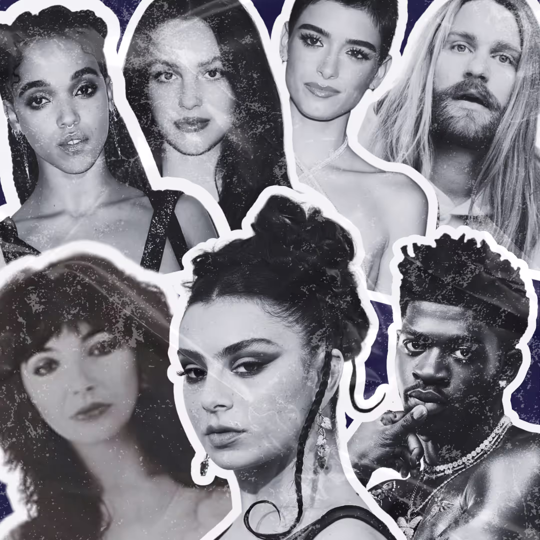 A black and white collage of famous artists and influencers: Charli XCX, Lil Nas X, Olivia Rodrigo, FKA Twigs and Charli D'Amelio.