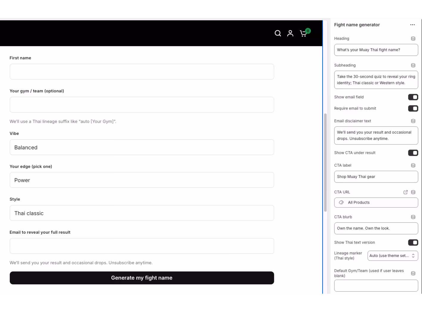 Screenshot of a fighter name generator in Shopify, built with Shopify Sidekick.