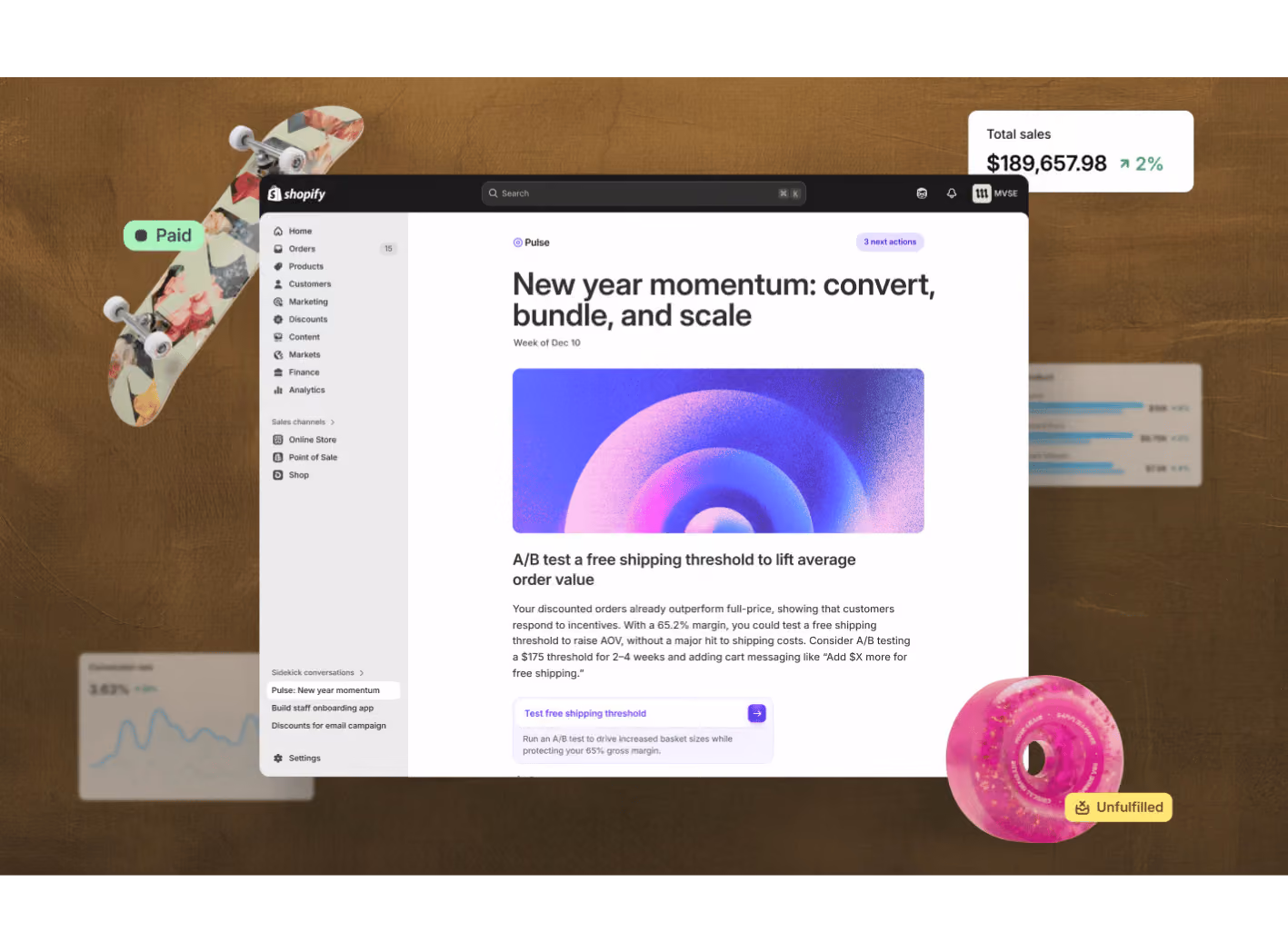 Shopify Sidekick Pulse Update. Screenshots show how Shopify Pulse delivers practical suggestion in a New year momentum: convert, bundle and scale.