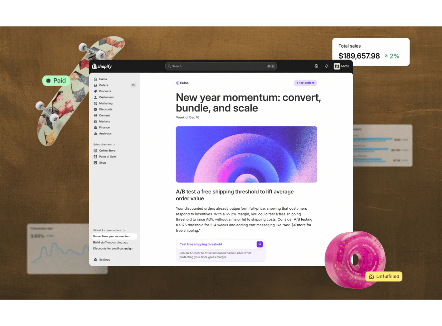 Shopify Sidekick Pulse Update. Screenshots show how Shopify Pulse delivers practical suggestion in a New year momentum: convert, bundle and scale. 