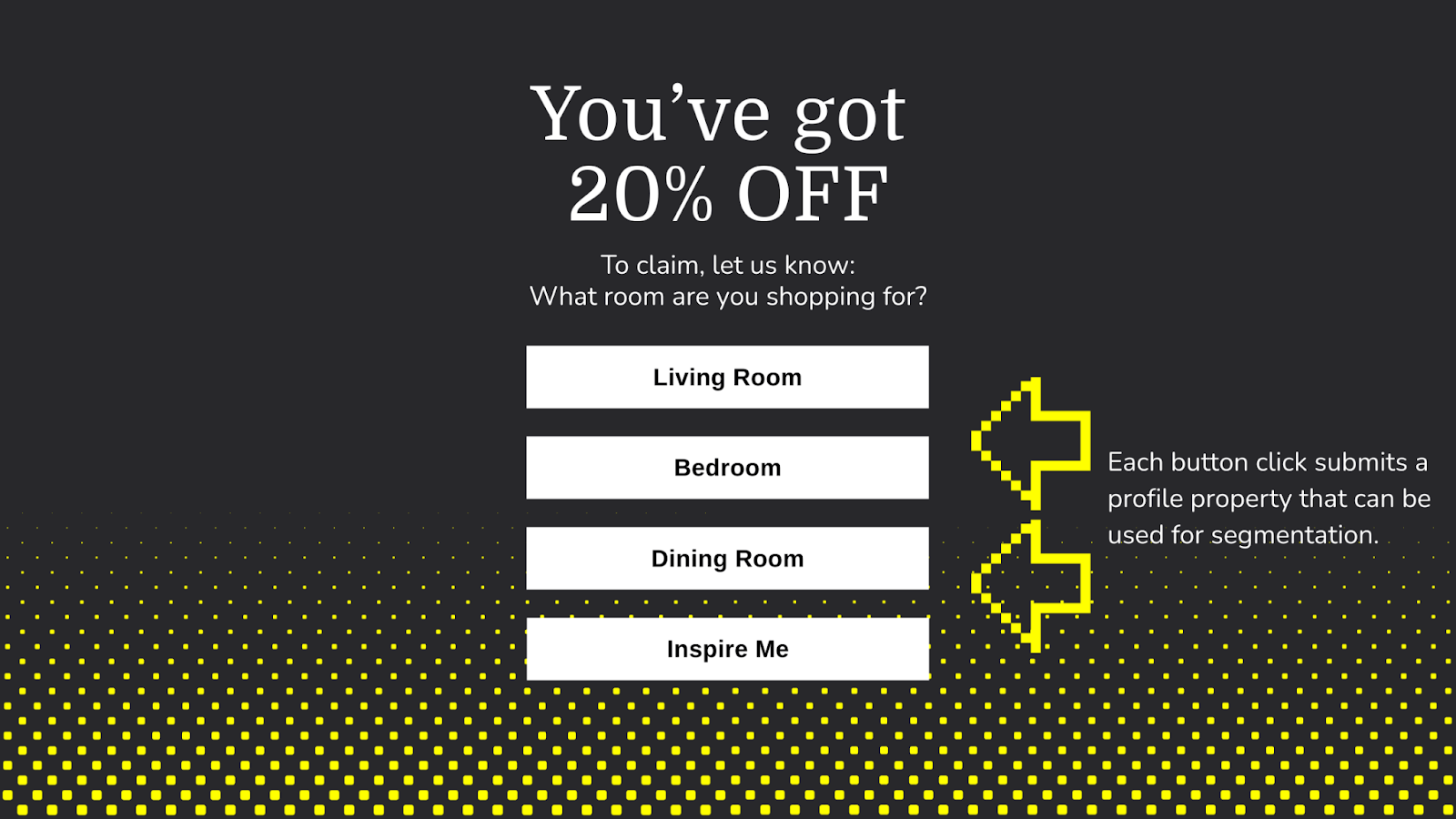 Discount popup asking what room shoppers are buying for, with buttons that submit profile properties for segmentation.