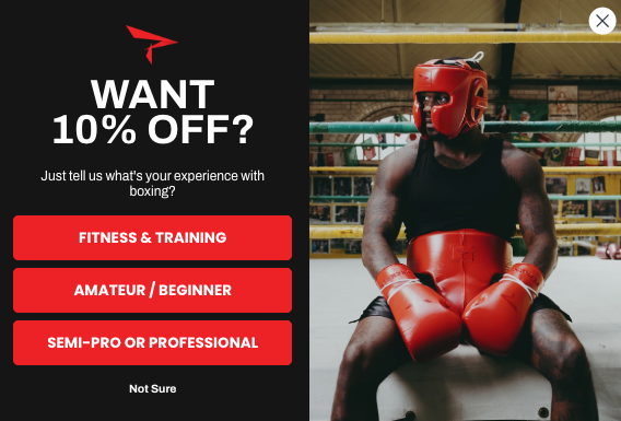 Website popup quiz offering 10% off and asking boxing experience level for customer segmentation.
