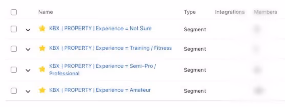 Customer segments list showing experience-based properties used for targeting and personalisation in retention campaigns.