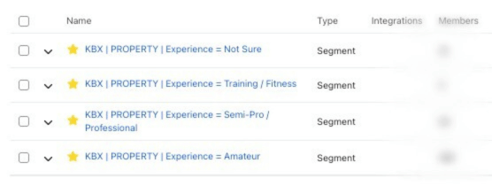 Customer segments list showing experience-based properties used for targeting and personalisation in retention campaigns.