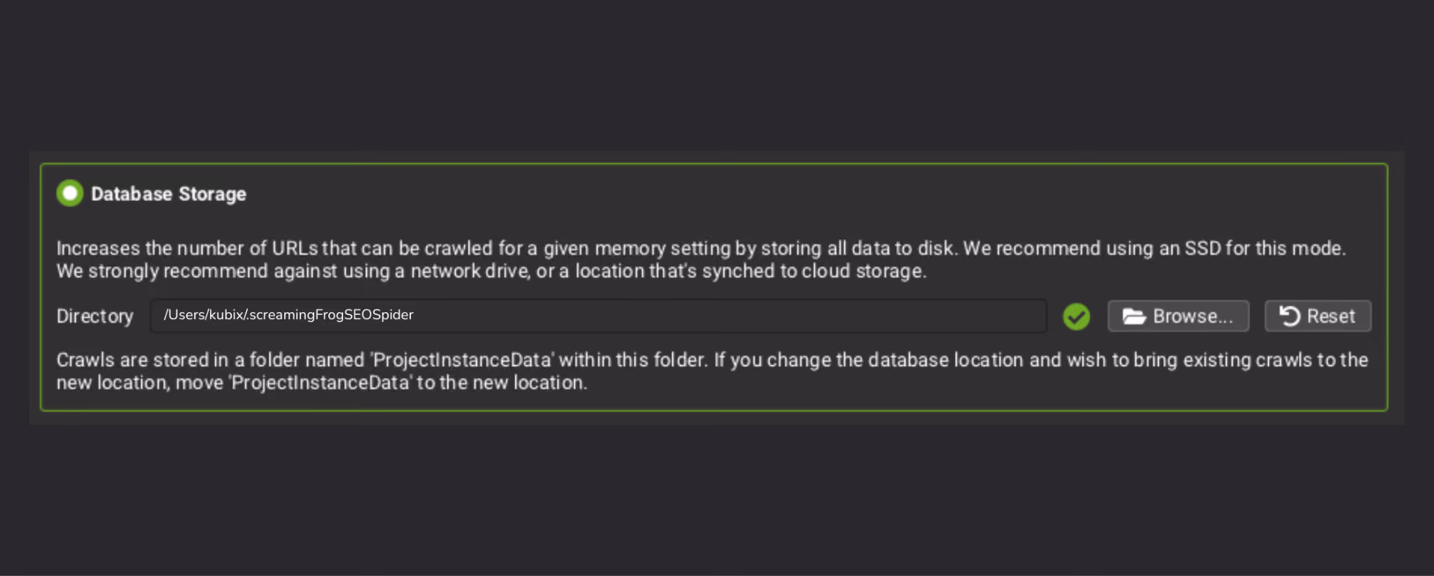 Screenshot of Screaming Frog SEO Spider database storage settings showing database storage enabled, a local directory path selected, and guidance recommending an SSD rather than a network or cloud-synced drive.