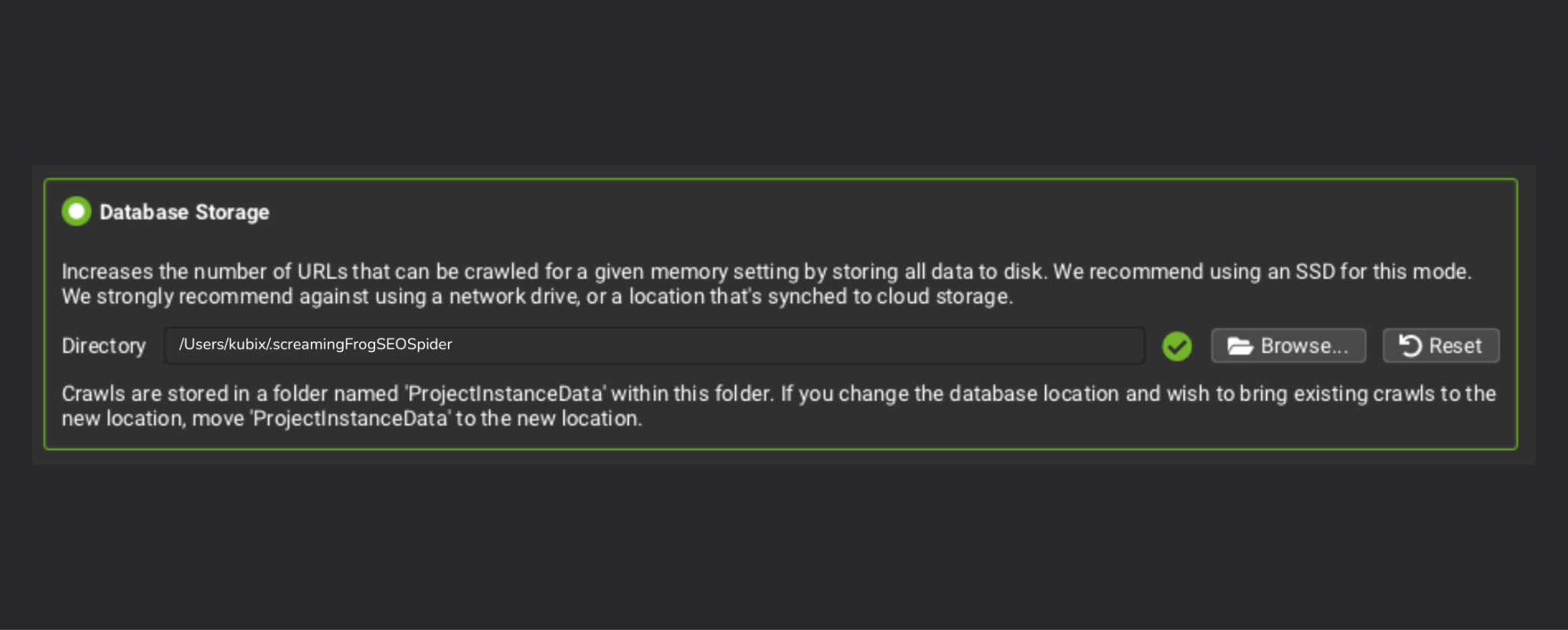 Screenshot of Screaming Frog SEO Spider database storage settings showing database storage enabled, a local directory path selected, and guidance recommending an SSD rather than a network or cloud-synced drive.