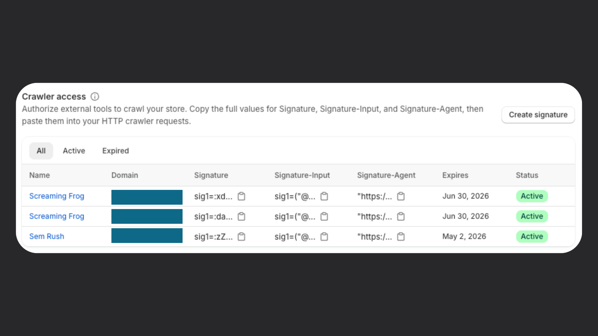 Screenshot of Shopify crawler access settings showing active crawl signatures created for Screaming Frog and SEMrush, with signature details and expiry dates.