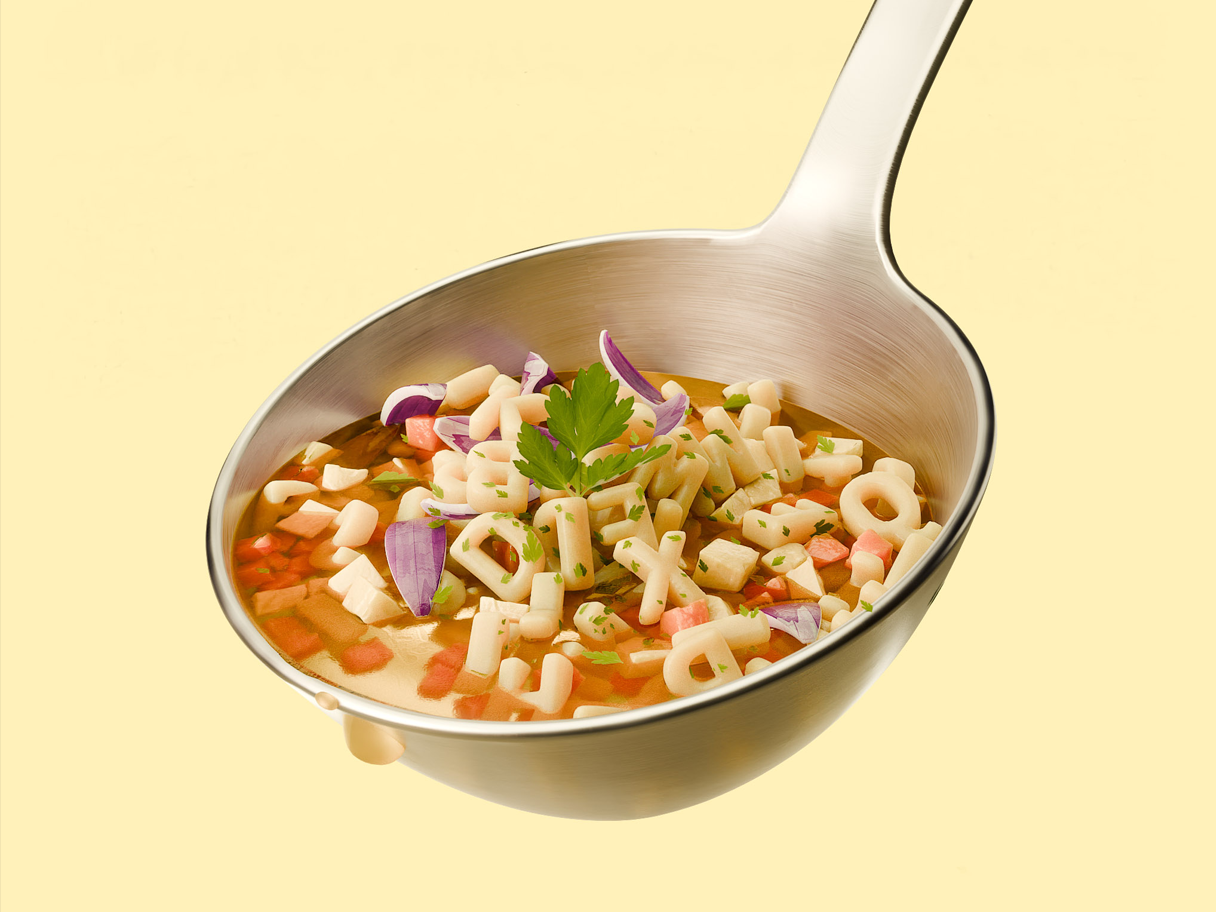 3D-Visualisierung, Suppenkelle mit Buchstabensuppe