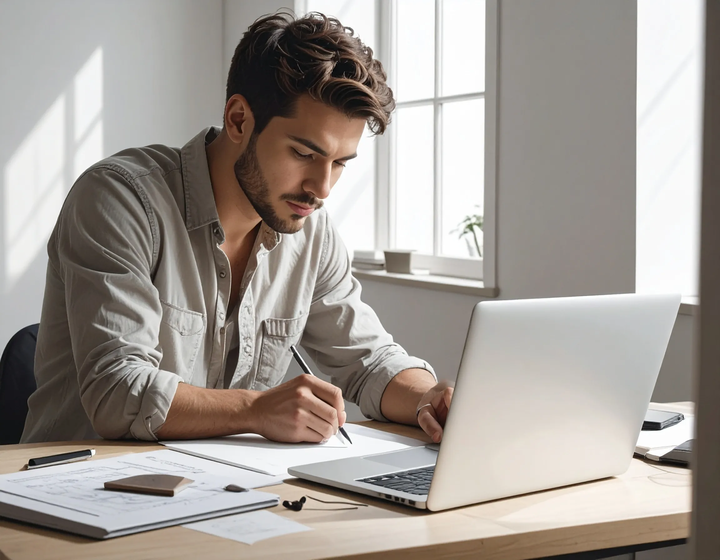 Facet projektujący na laptopie