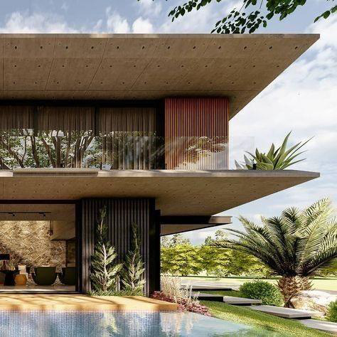 Modern two-story house with large overhanging concrete roof, floor-to-ceiling windows, and a pool in the foreground surrounded by plants and trees.