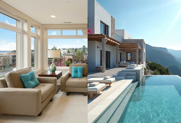 Split image showing a cozy living room with beige chairs and turquoise pillows on the left, and a modern house with lounge chairs by an infinity pool overlooking mountains on the right.
