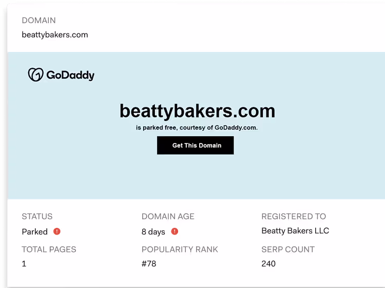 GoDaddy parked domain page for beattybakers.com showing it is free, parked for 8 days.