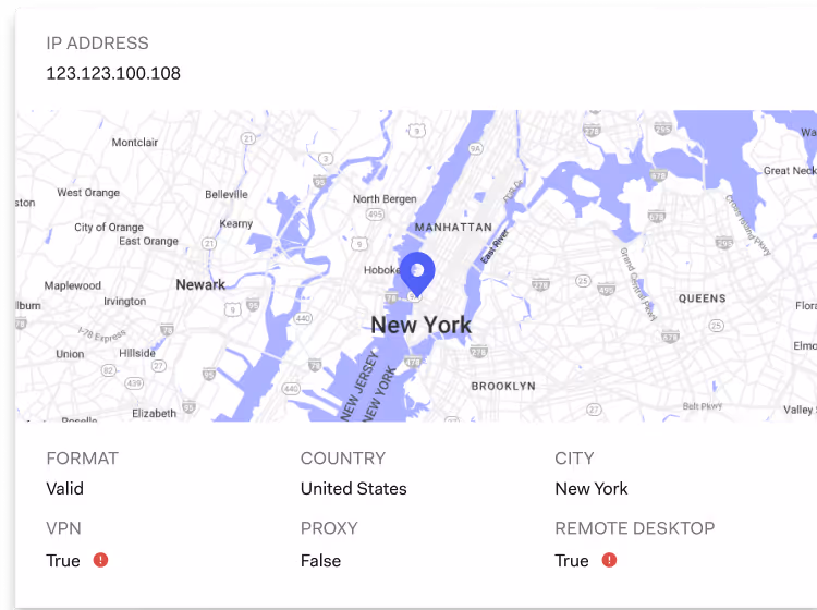 Map showing IP address location marked in New York, with details: IP 123.123.100.108, valid format, United States, New York city, VPN true, proxy false, remote desktop true.