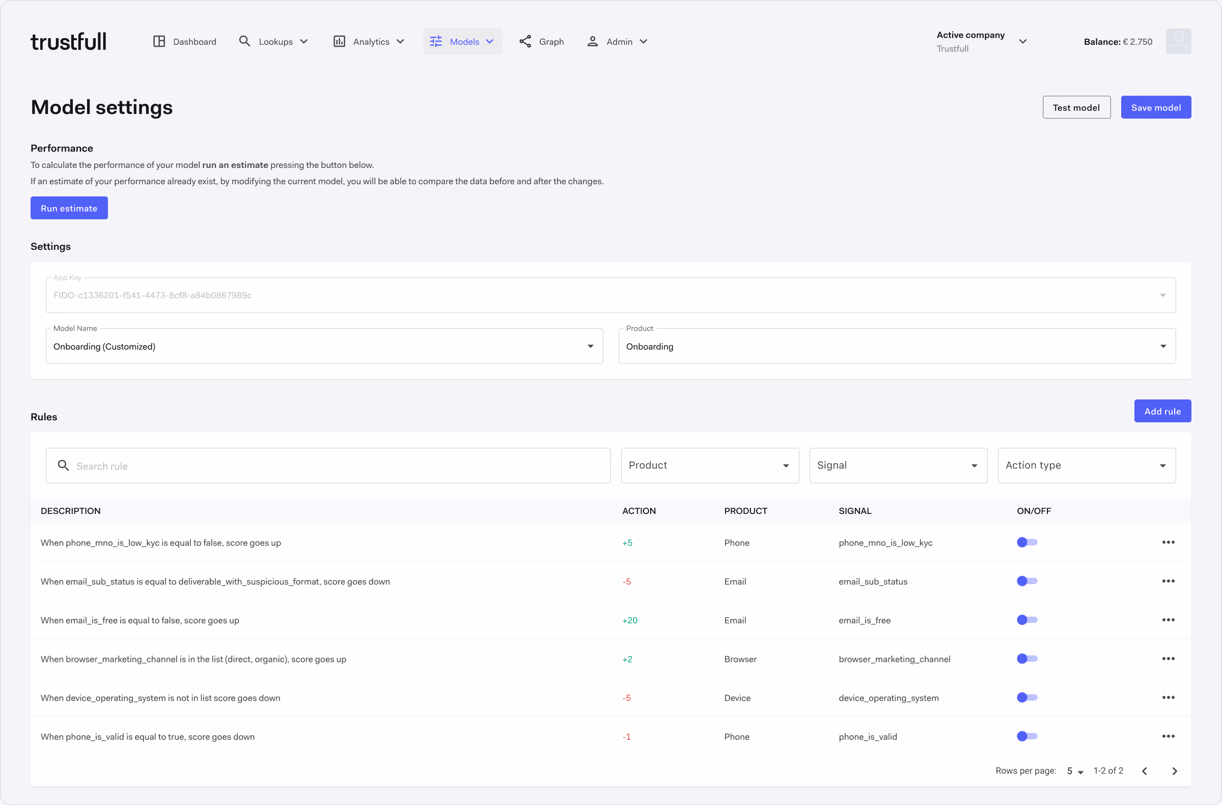 Model settings overview