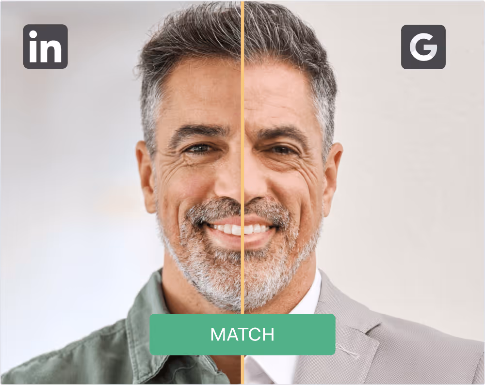 Split image of a middle-aged man smiling, wearing casual clothes on the left and a suit on the right, with LinkedIn and Google icons above and a green 'MATCH' label below.