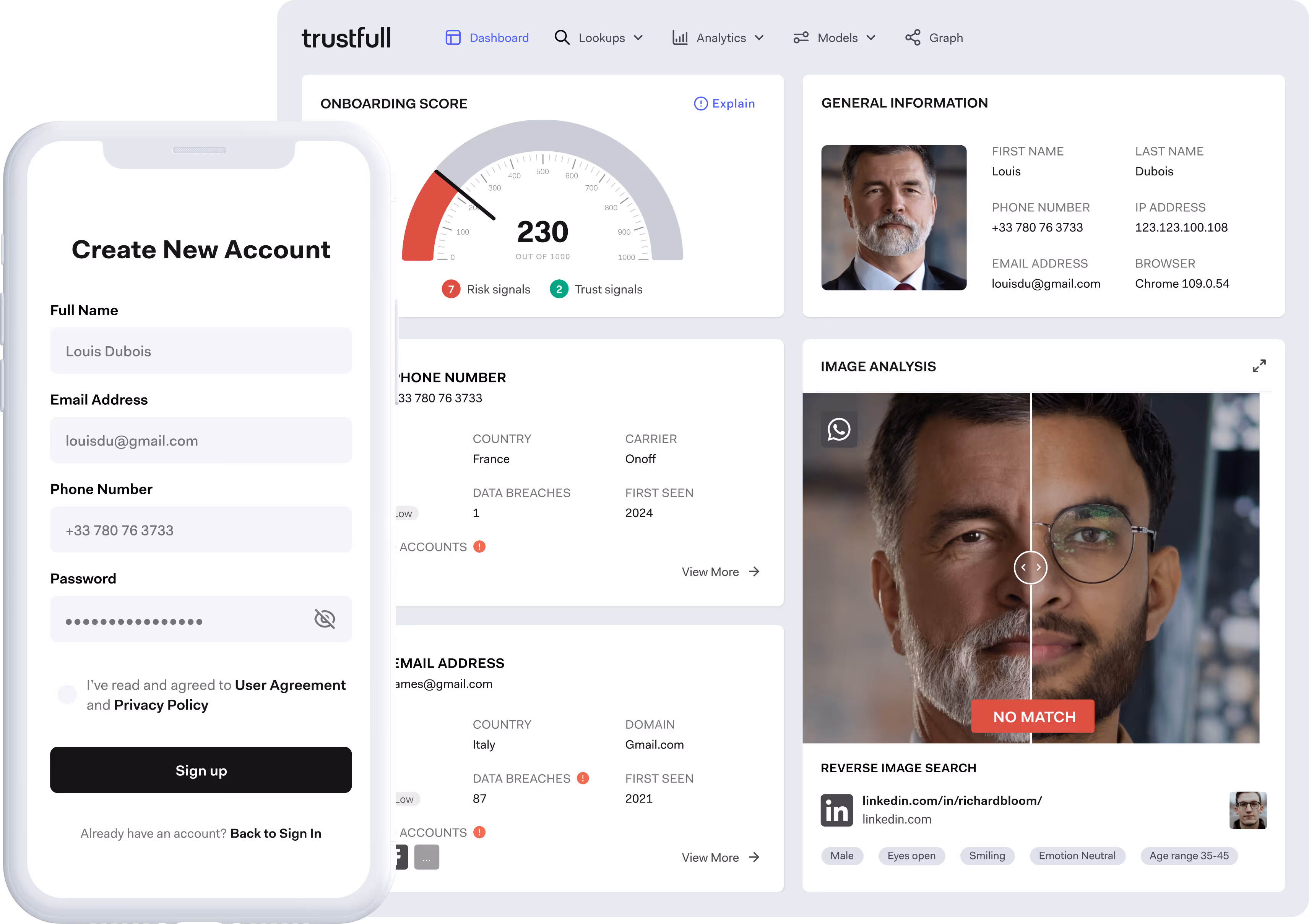 Dashboard displaying onboarding score, user general information, image analysis comparing two faces with no match result, and a mobile screen showing a 'Create New Account' sign-up form prefilled with user details.