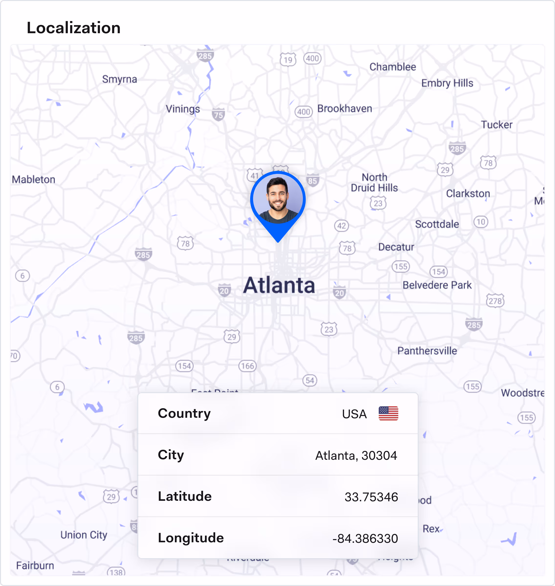 Map of Atlanta with a blue location pin showing a woman's face and a data box displaying country USA.
