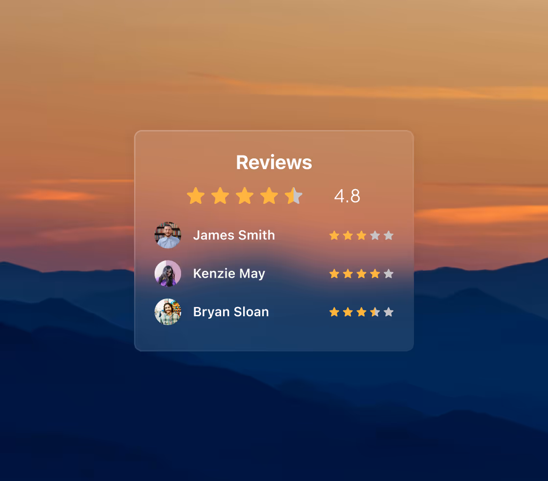 User reviews panel showing overall rating 4.8 with star ratings by James Smith, Kenzie May, and Bryan Sloan over a sunset mountain background.