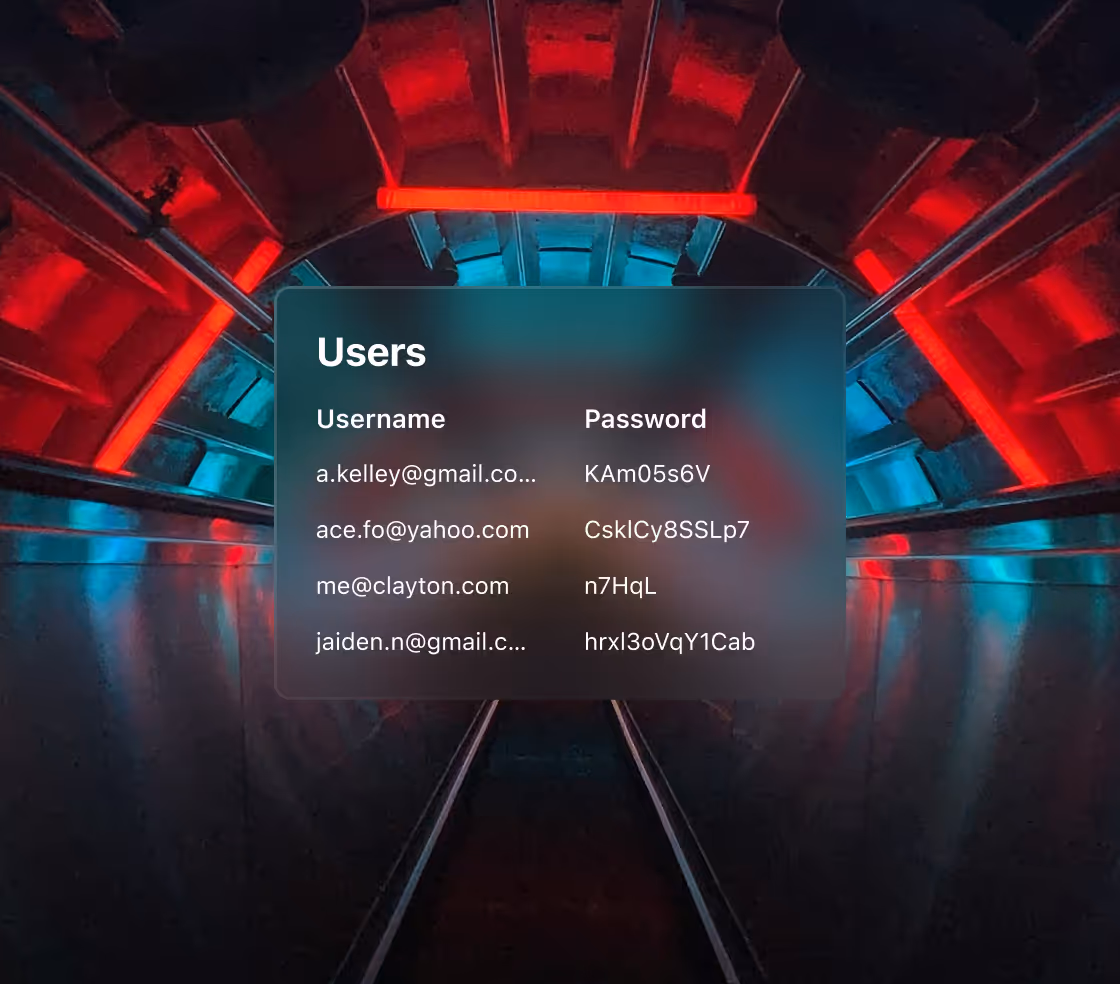 User account list overlay with four usernames and passwords, set against an illuminated underground tunnel with red and blue lights.