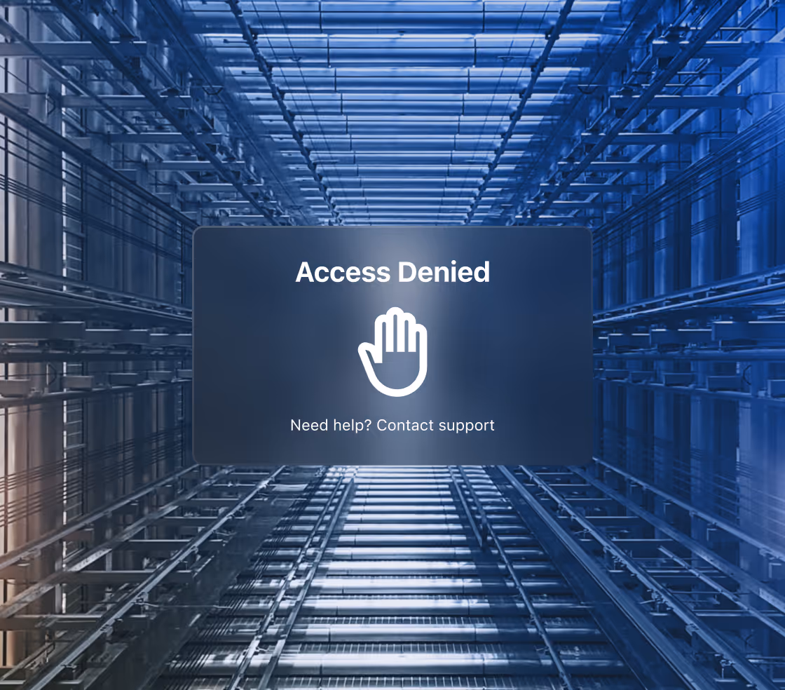 Dark blue interface with 'Access Denied' message, a raised hand icon, and a prompt to contact support for help.