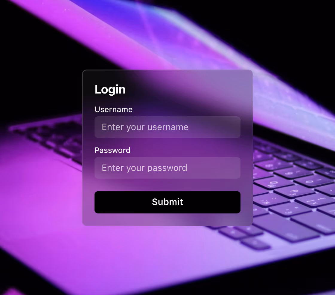 Login form overlay with username and password fields on a purple-lit laptop keyboard.