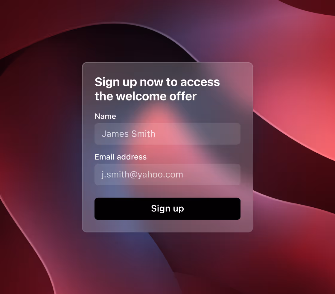 Sign-up form asking for name and email to access a welcome offer with a black sign-up button.