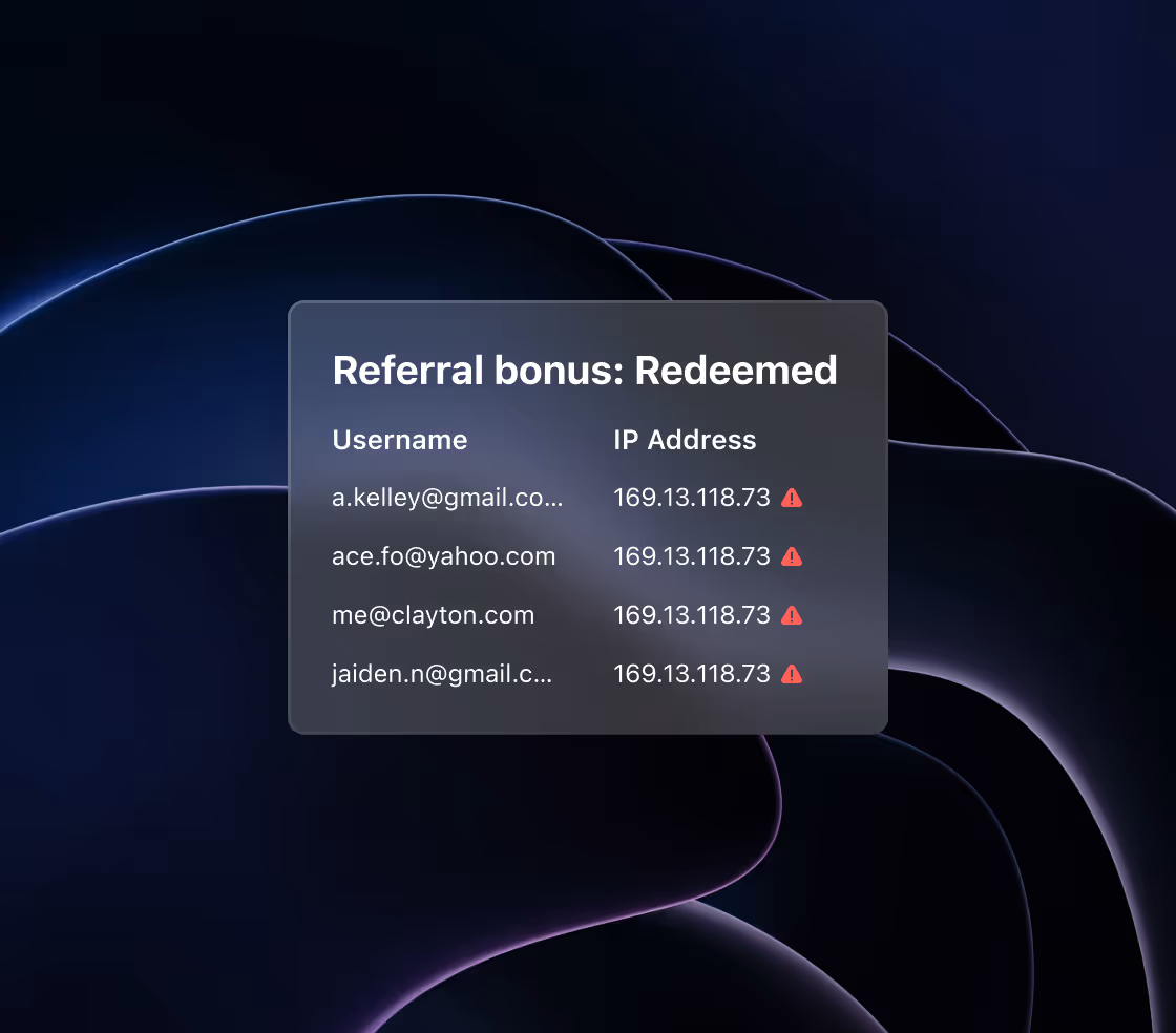Table showing redeemed referral bonuses with usernames and identical IP address 169.13.118.73 marked with warning icons.
