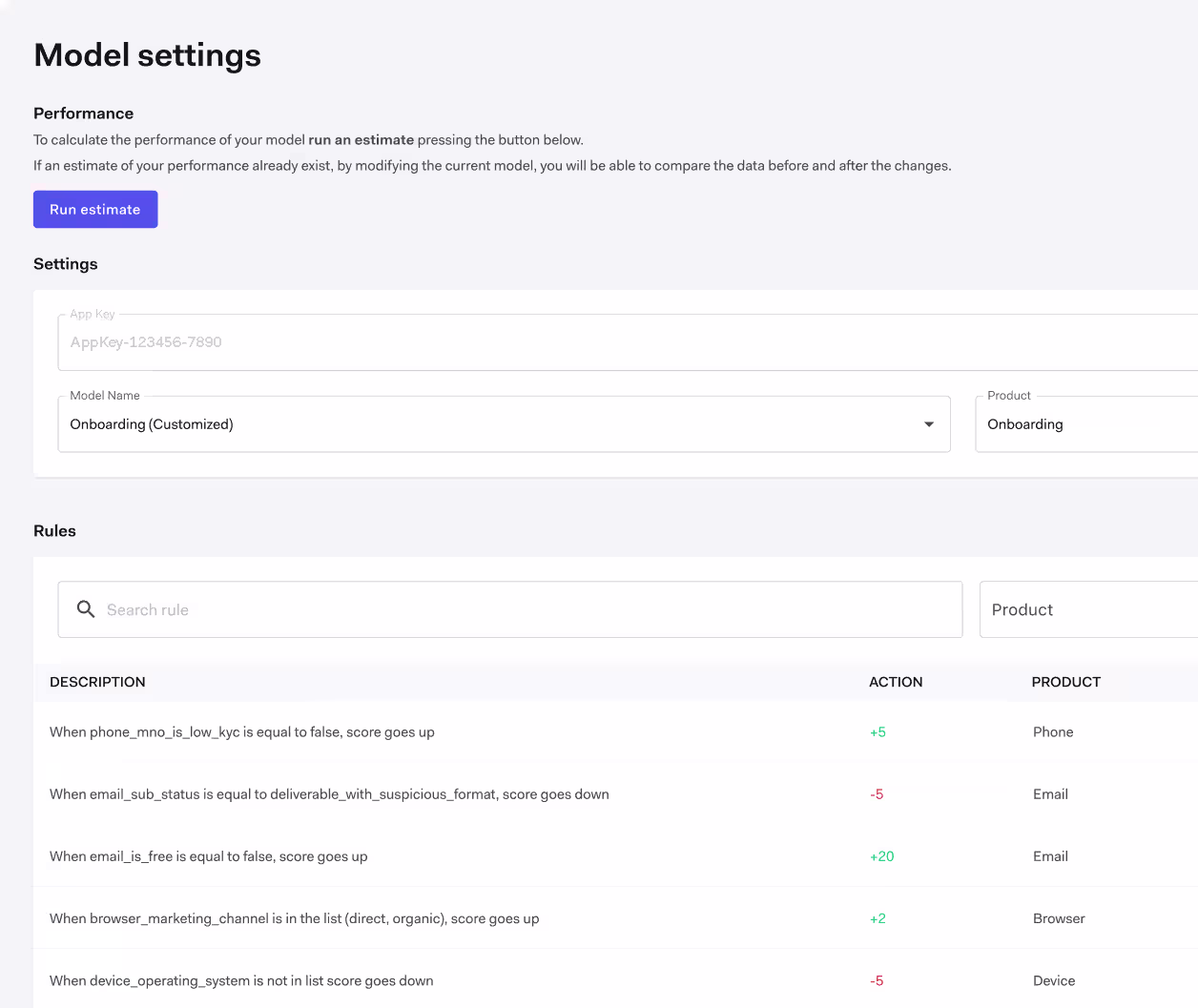 Model settings UI with performance estimate button and rules adjusting scores for phone, email, browser, and device.