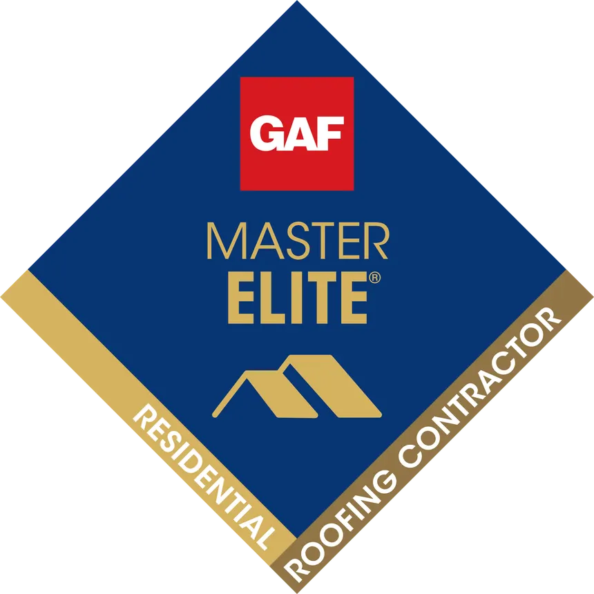 GAF Master Elite badge for residential roofing contractors with a red GAF logo on blue and gold background.