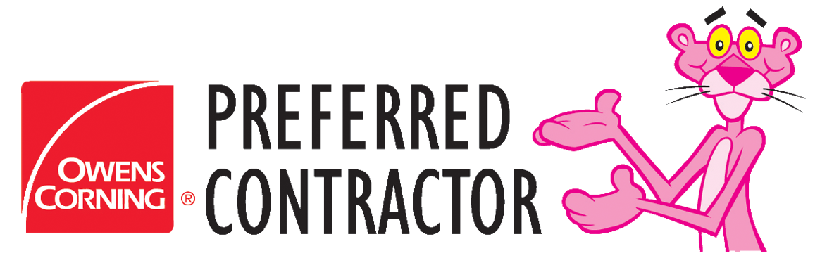 Owens Corning logo with text 'Preferred Contractor' and cartoon Pink Panther character pointing.